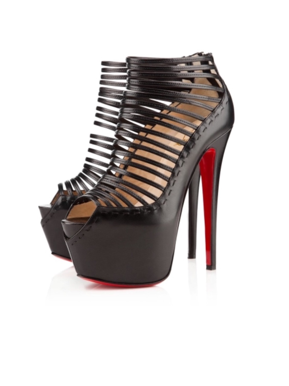 Christian Louboutin Black Strappy Platform Cage Heels with Red Sole